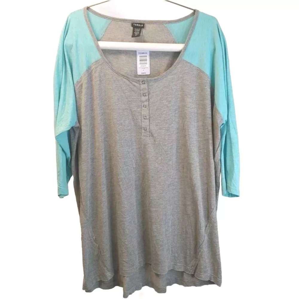 Torrid Raglan Tee Woman Plus 4X Teal Grey Scoop Neck Raw Seams Sporty Athleisure